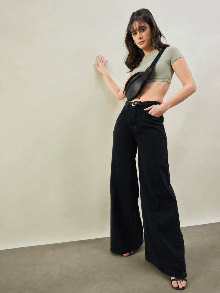 Women Jet Black Low Waist Wide Leg Jeans