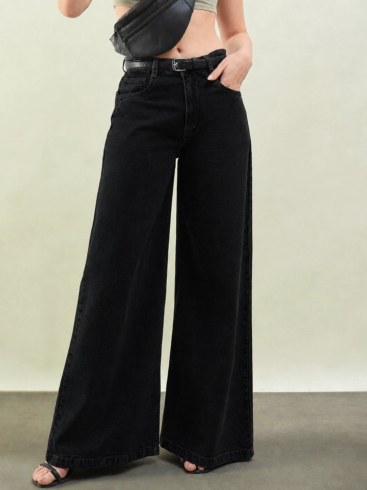 Women Jet Black Low Waist Wide Leg Jeans