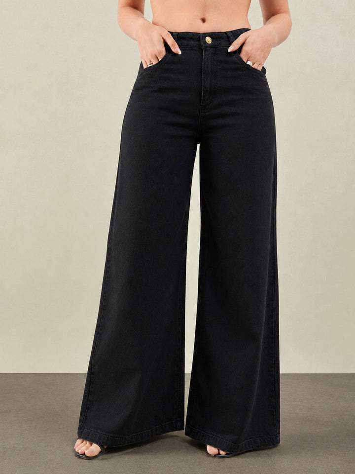 Women Jet Black Low Waist Wide Leg Jeans