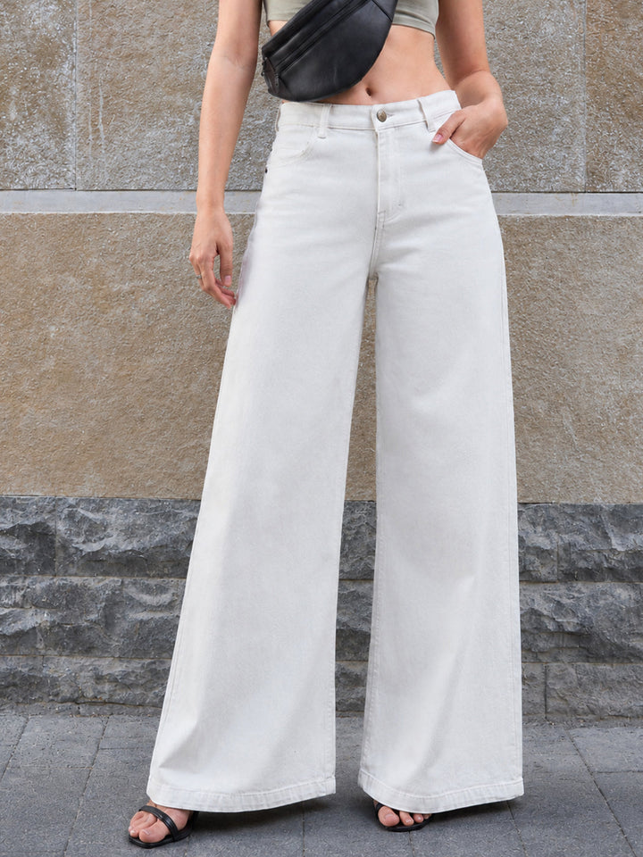Women White Low Waist Wide Leg Jeans