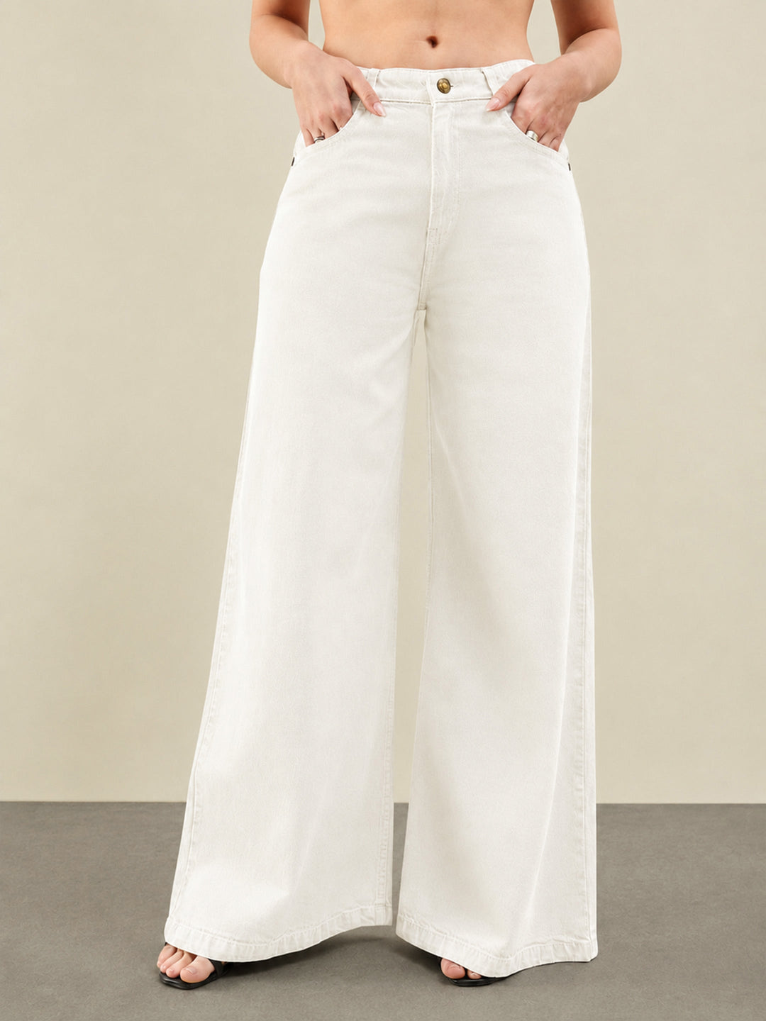 Women White Low Waist Wide Leg Jeans