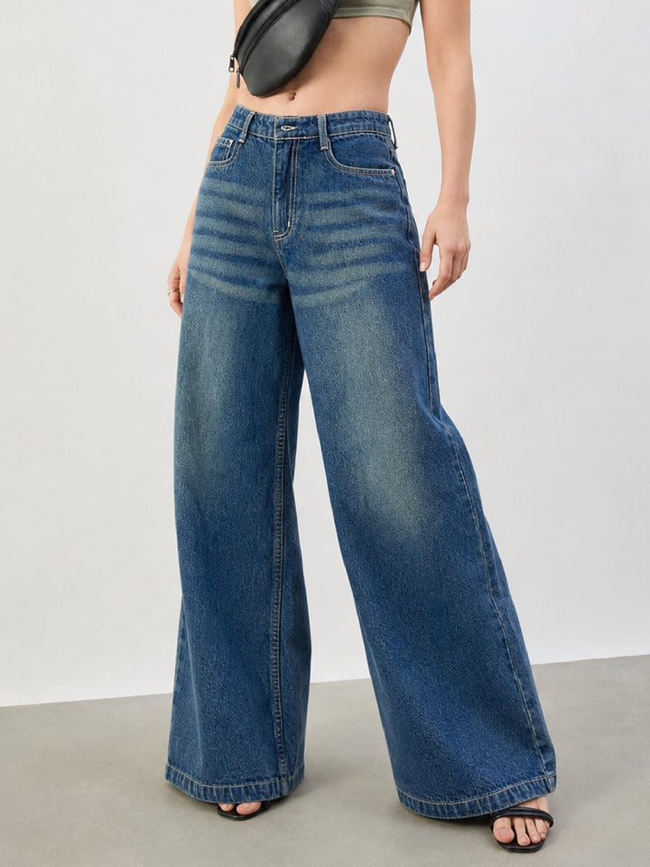 Women Blue Whisker Low Waist Wide Leg Jeans