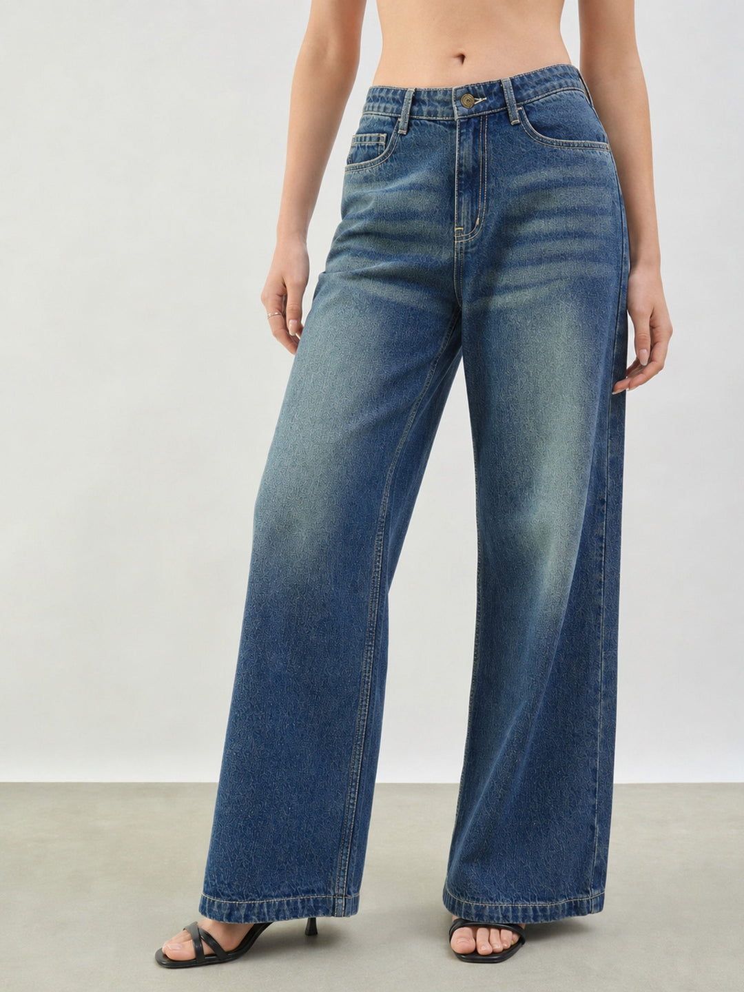 Women Blue Whisker Low Waist Wide Leg Jeans