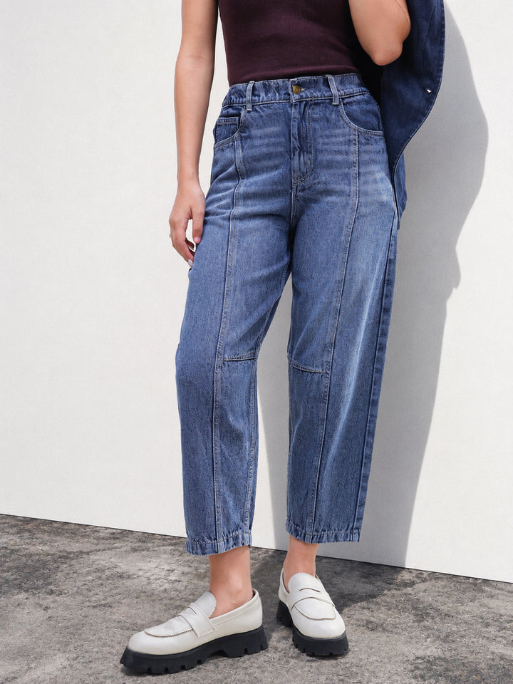 Women Light Blue Wash Whisker Front Seam Balloon Fit Jeans