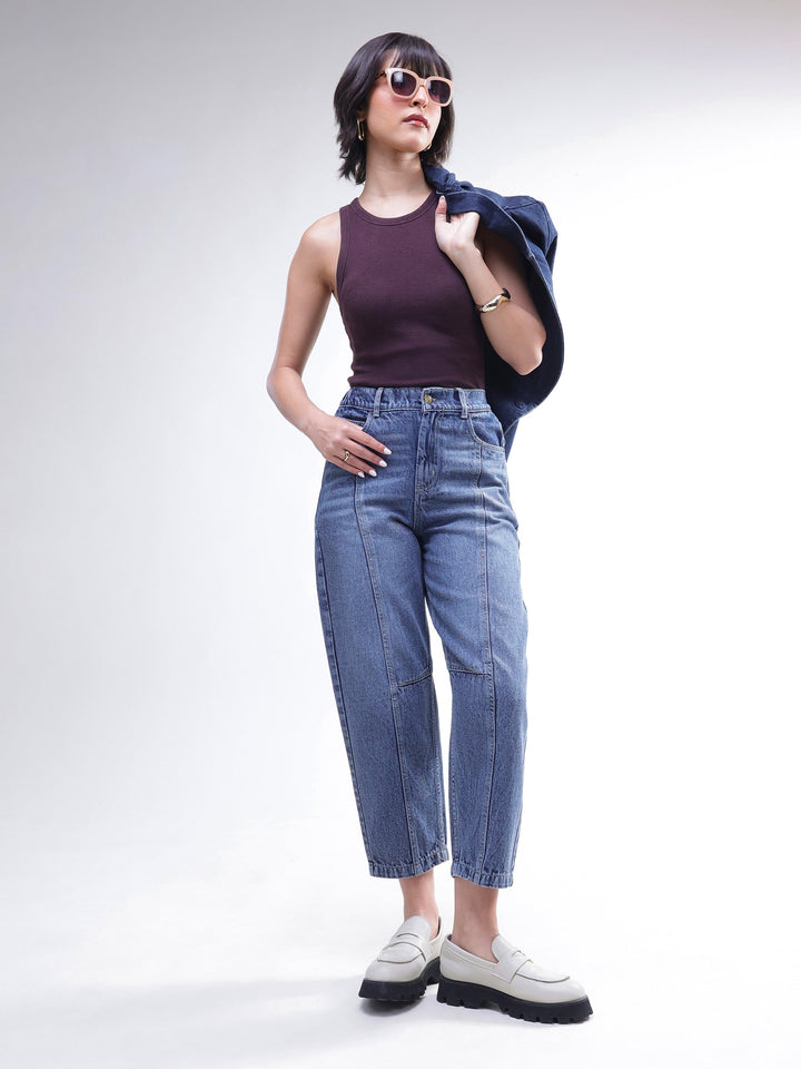 Women Light Blue Wash Whisker Front Seam Balloon Fit Jeans
