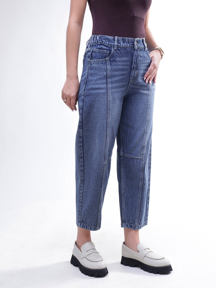 Women Light Blue Wash Whisker Front Seam Balloon Fit Jeans