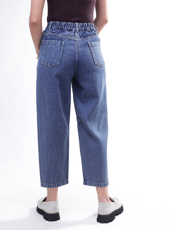 Women Light Blue Wash Whisker Front Seam Balloon Fit Jeans