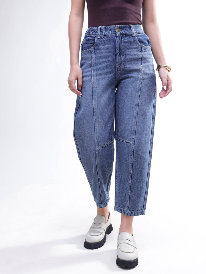 Women Light Blue Wash Whisker Front Seam Balloon Fit Jeans