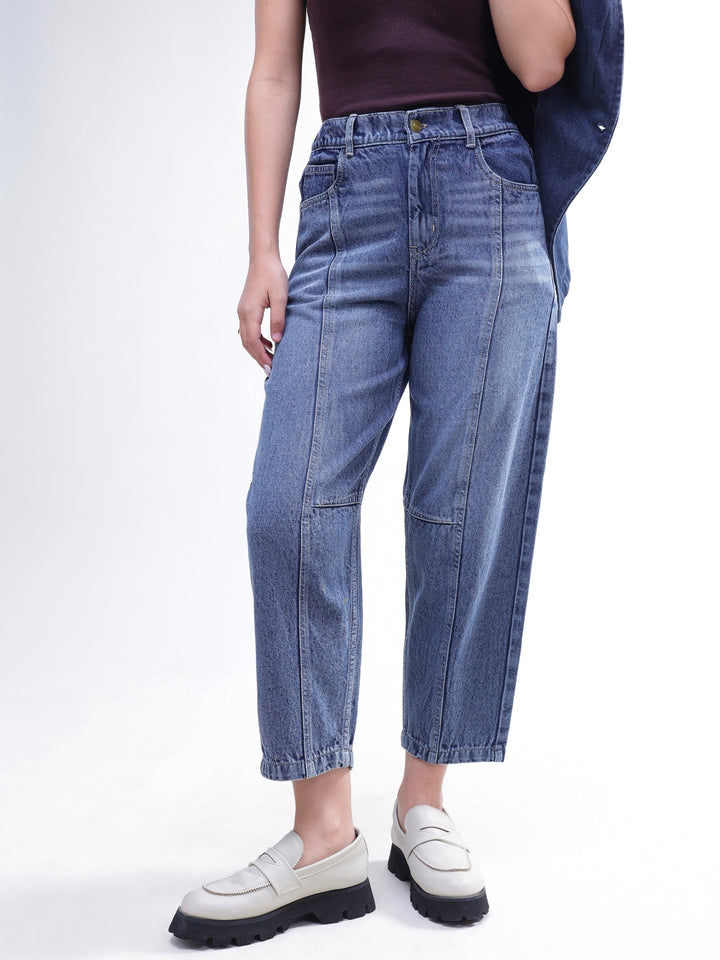 Women Light Blue Wash Whisker Front Seam Balloon Fit Jeans