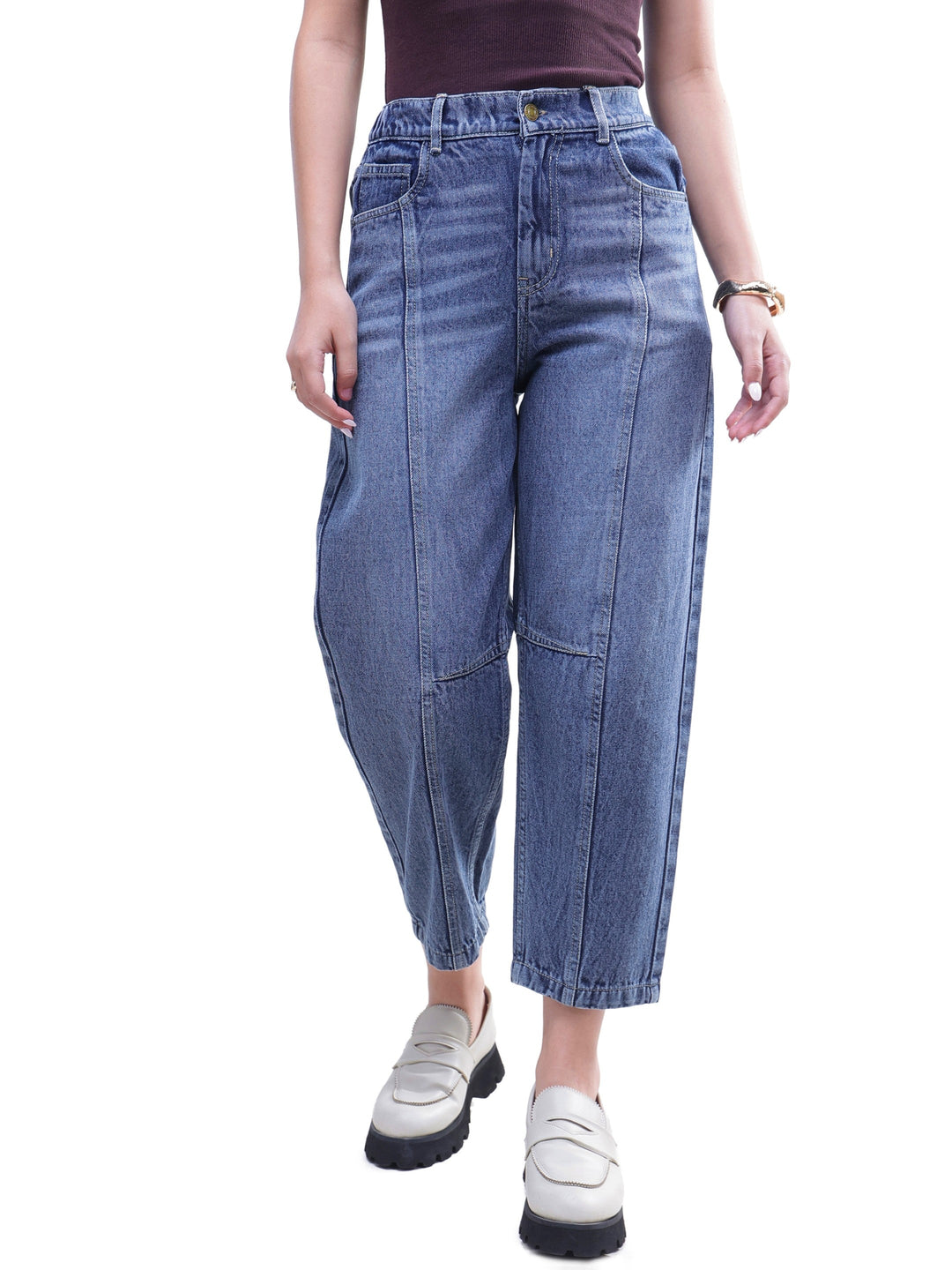 Women Light Blue Wash Whisker Front Seam Balloon Fit Jeans