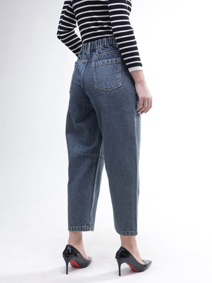 Women Blue Wash Whisker Front Seam Balloon Fit Jeans