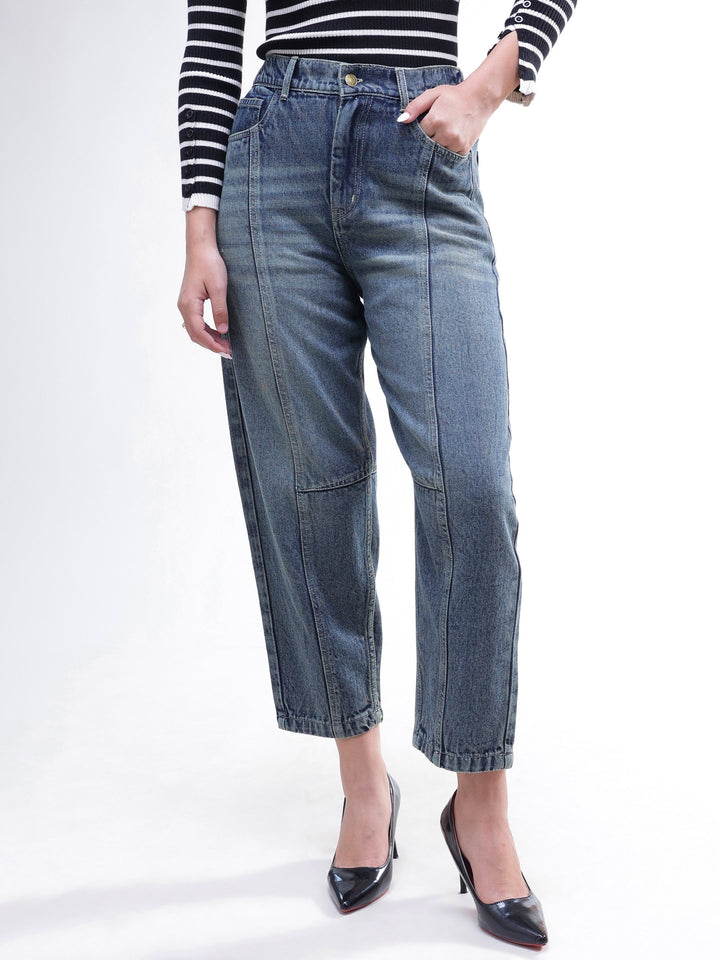Women Blue Wash Whisker Front Seam Balloon Fit Jeans