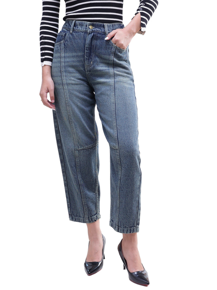 Women Blue Wash Whisker Front Seam Balloon Fit Jeans