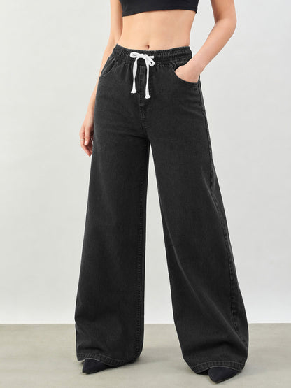 Women Black Baggy Drawstring Jeans