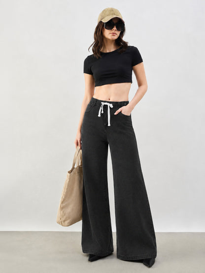 Women Black Baggy Drawstring Jeans