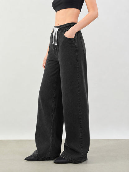 Women Black Baggy Drawstring Jeans