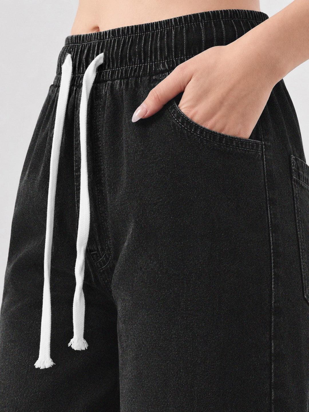 Women Black Baggy Drawstring Jeans