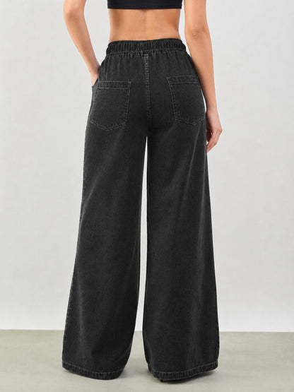 Women Black Baggy Drawstring Jeans