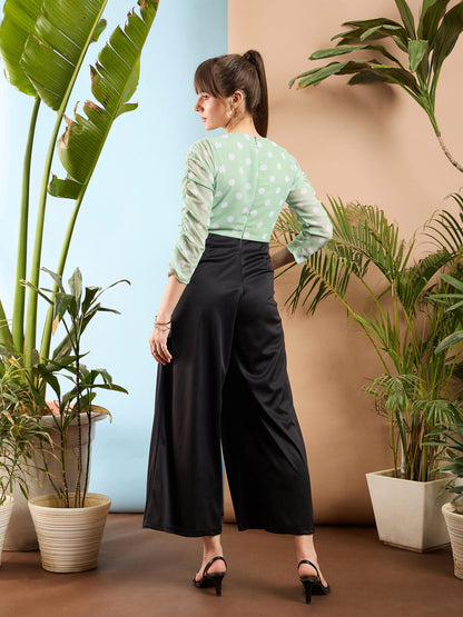 Sea Green Polka Dot Sleeve Rouching Jumpsuit