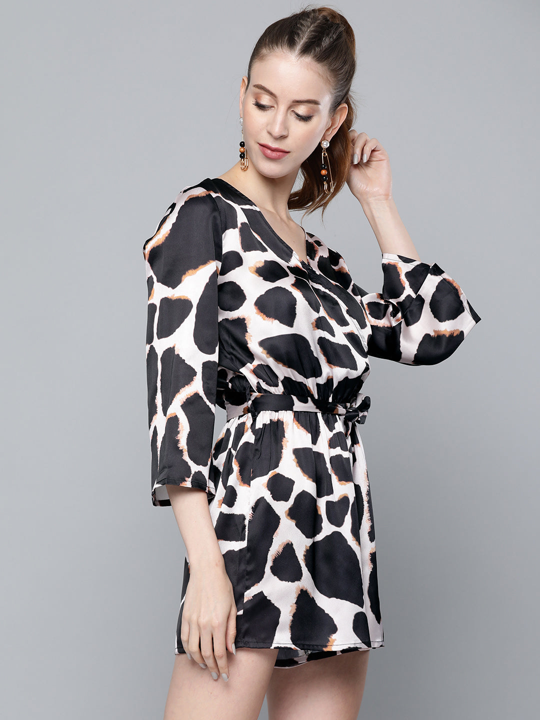 Nude Animal Print Satin Romper