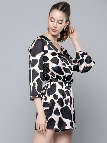 Nude Animal Print Satin Romper