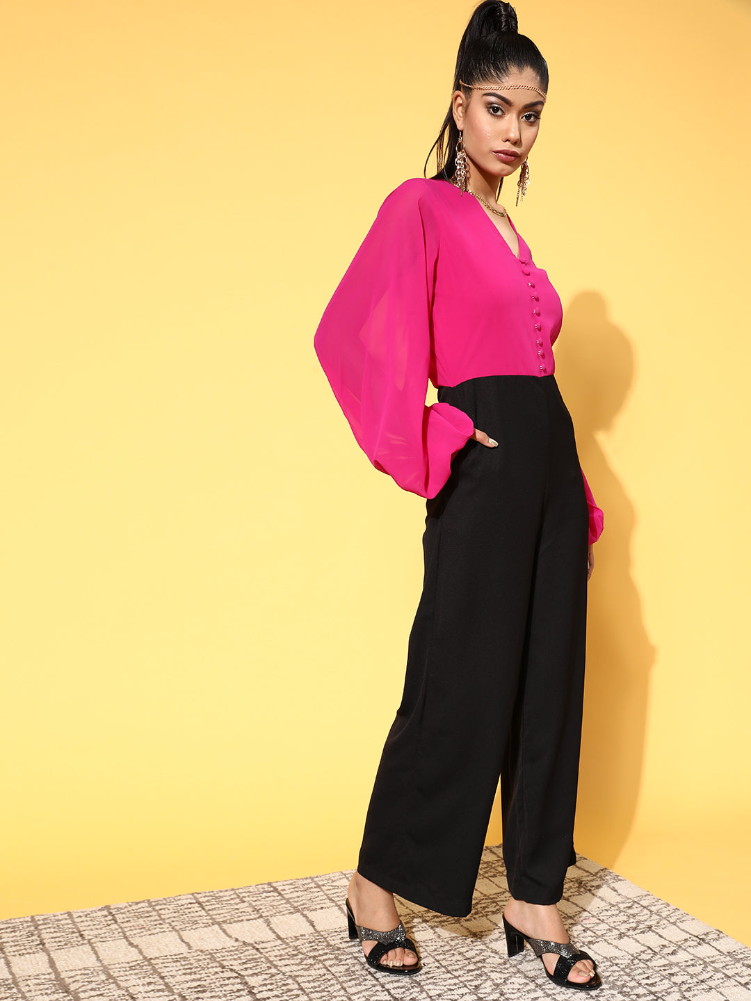 Women Fuchsia &amp; Black Volume Sleeve Jumpsuit
