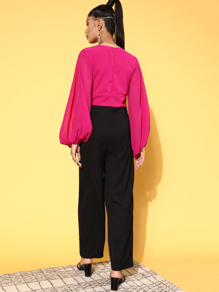 Women Fuchsia &amp; Black Volume Sleeve Jumpsuit