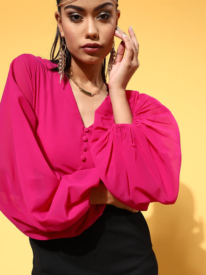 Women Fuchsia &amp; Black Volume Sleeve Jumpsuit