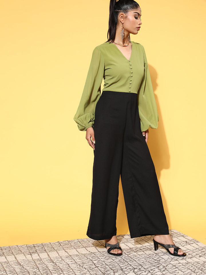 Women Green &amp; Black Volume Sleeve Jumpsuit