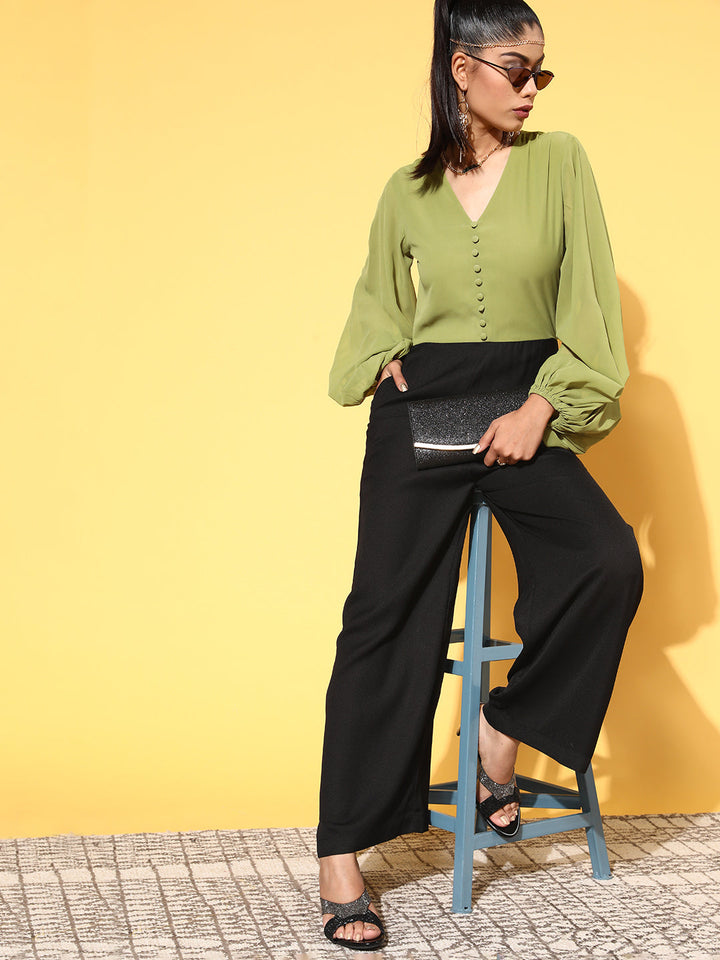 Women Green &amp; Black Volume Sleeve Jumpsuit