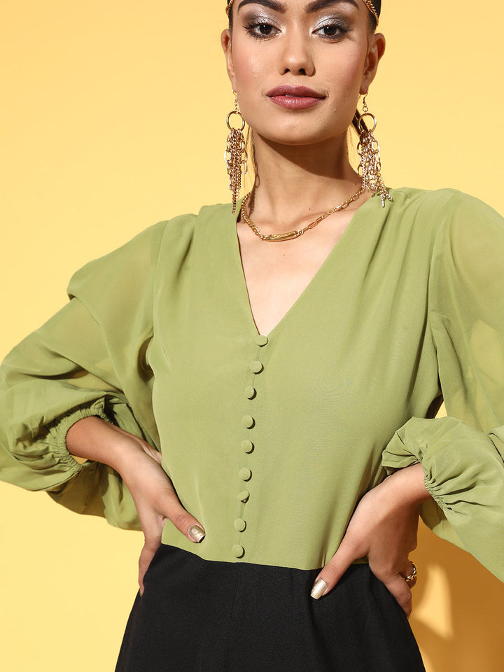 Women Green &amp; Black Volume Sleeve Jumpsuit