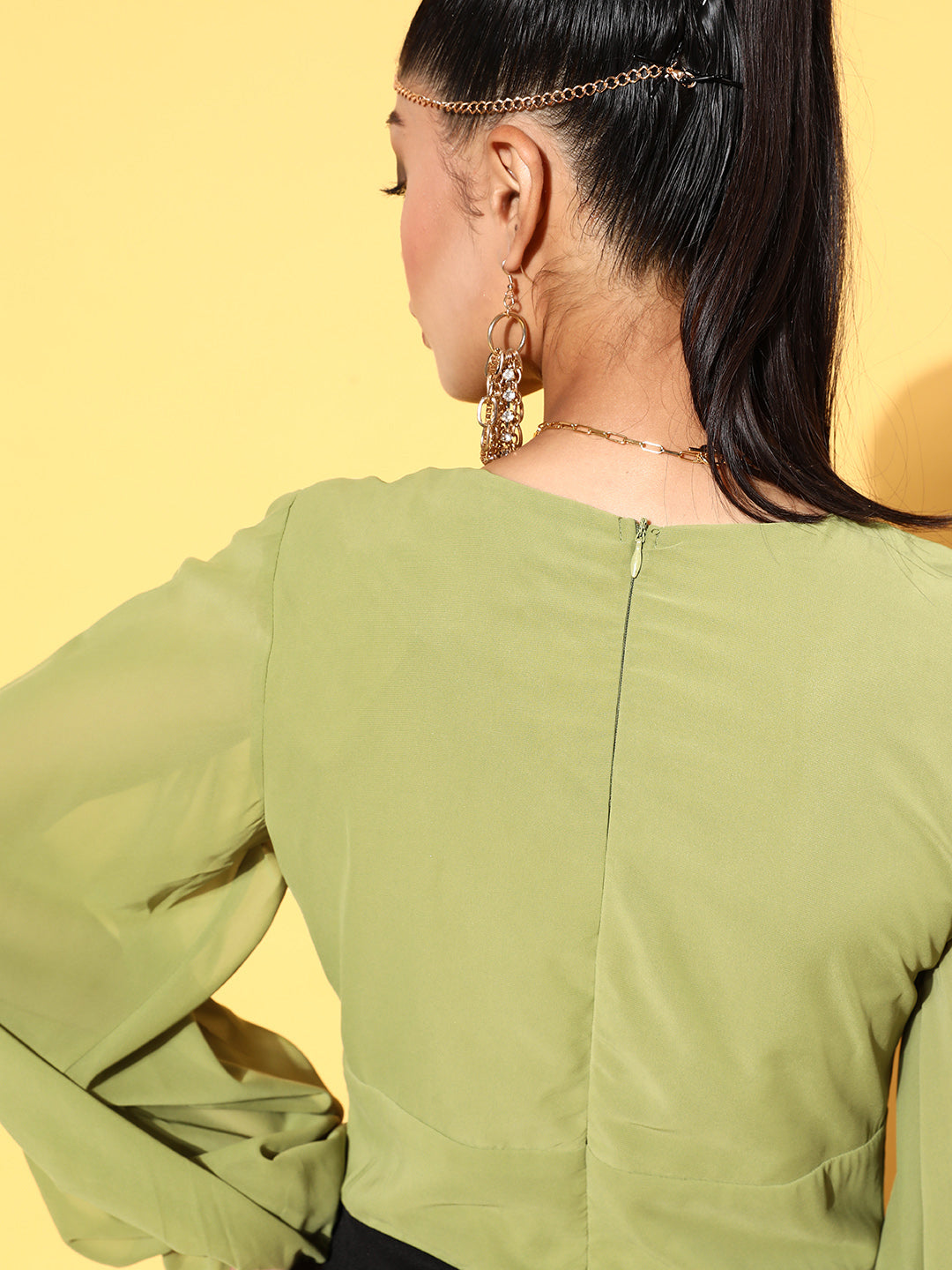 Women Green &amp; Black Volume Sleeve Jumpsuit