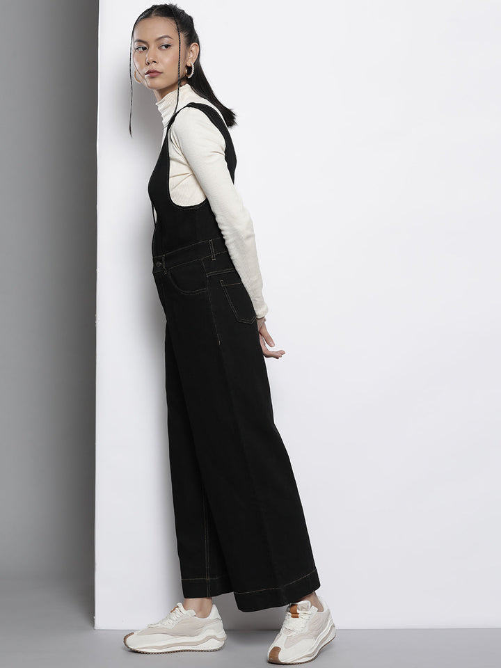 Women Black Deep V-Neck Denim Flared Leg Jumpsuit