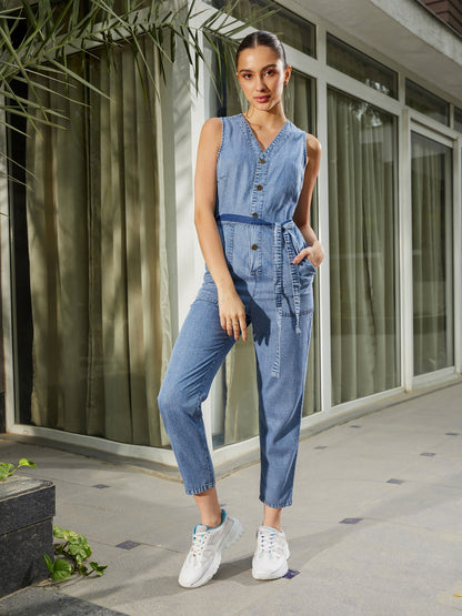 Blue Blast Wash Tencel Sleeveless Jumpsuit