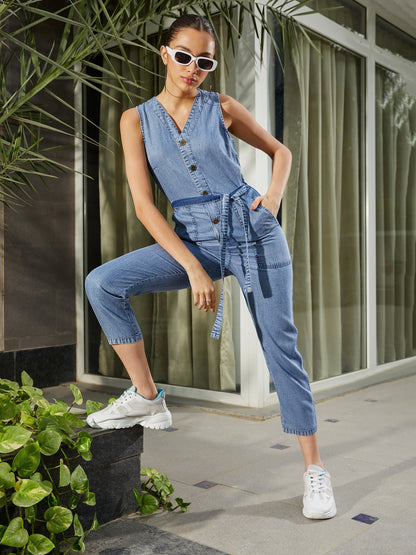 Blue Blast Wash Tencel Sleeveless Jumpsuit