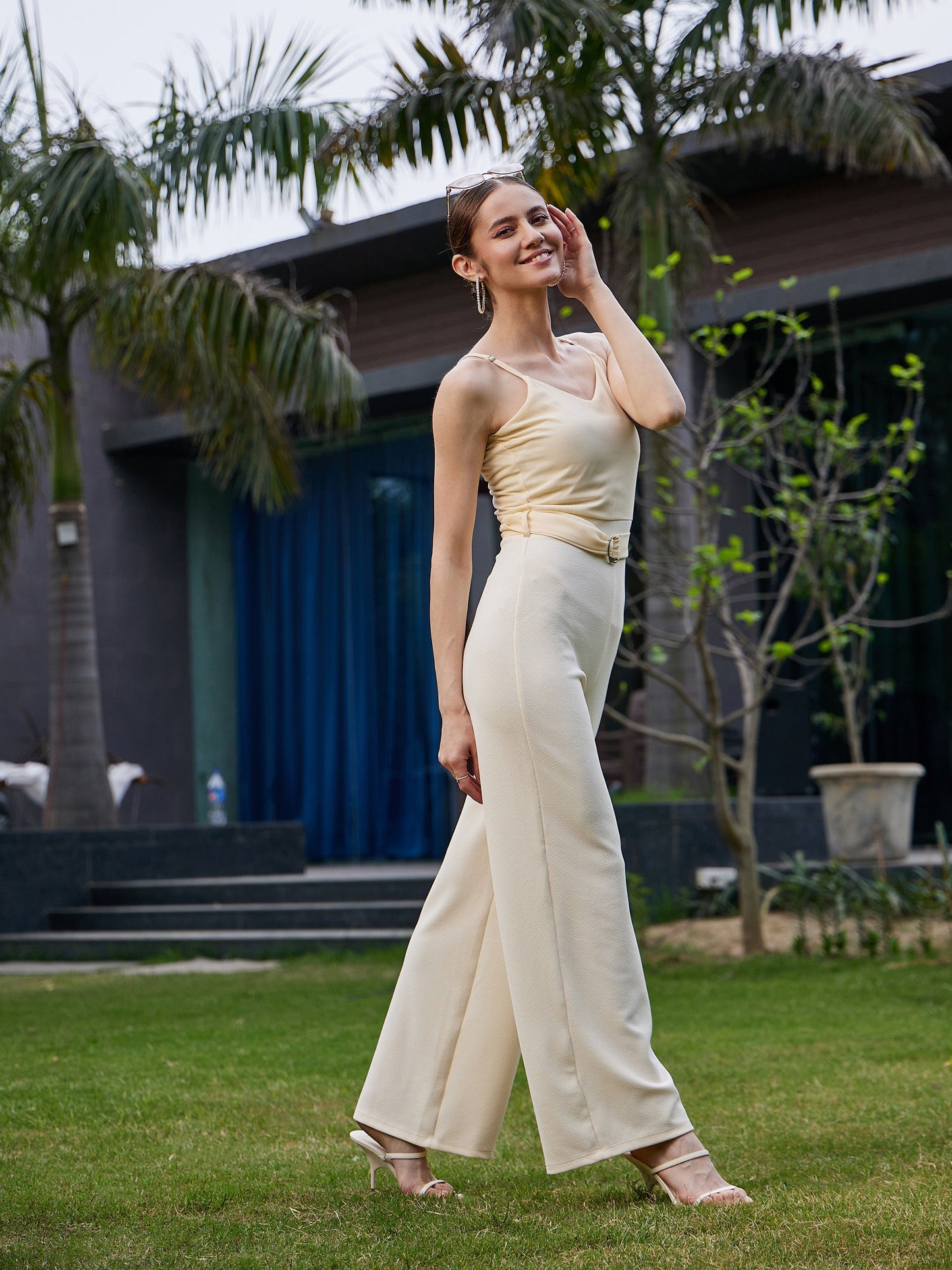 Cream Strappy V Neck Jumpsuit