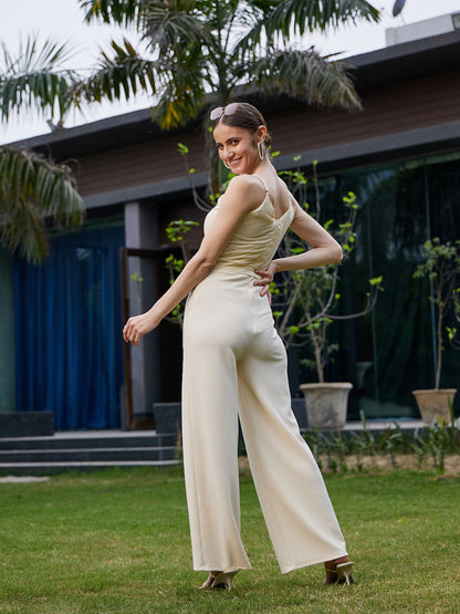 Cream Strappy V Neck Jumpsuit