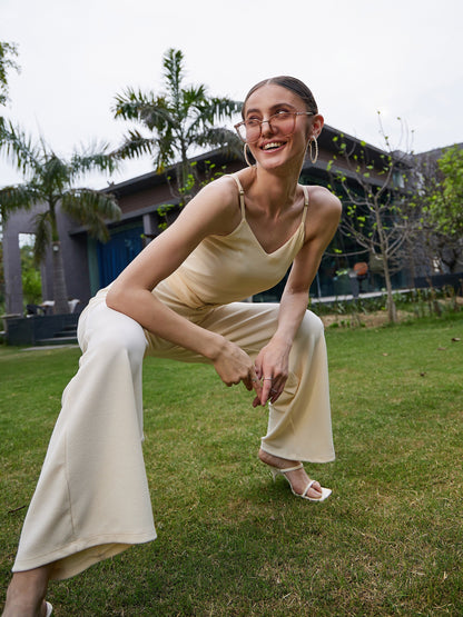 Cream Strappy V Neck Jumpsuit