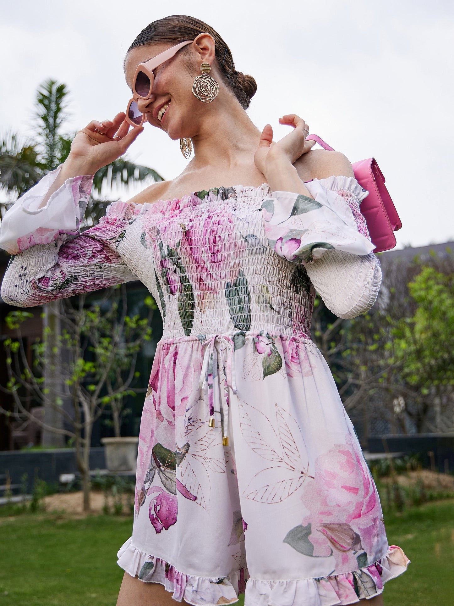 White Floral Off Shoulder Smoked Playsuit