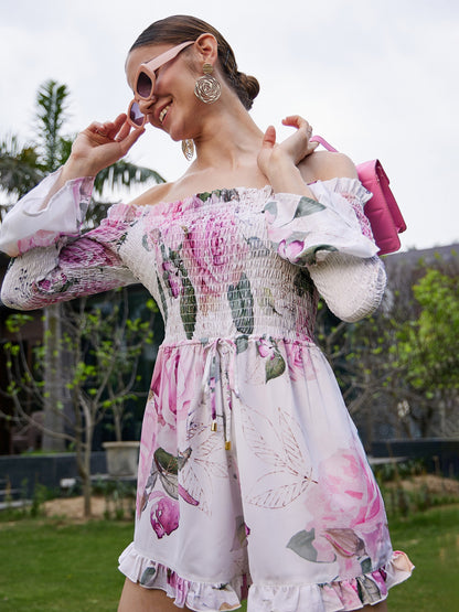 White Floral Off Shoulder Smoked Playsuit