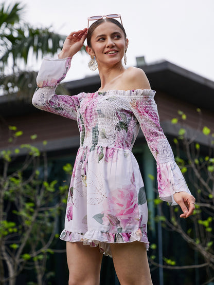 White Floral Off Shoulder Smoked Playsuit