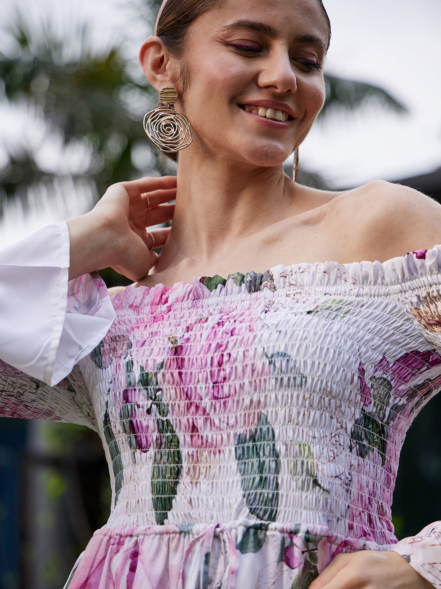 White Floral Off Shoulder Smoked Playsuit