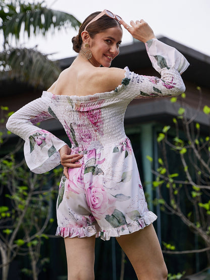 White Floral Off Shoulder Smoked Playsuit