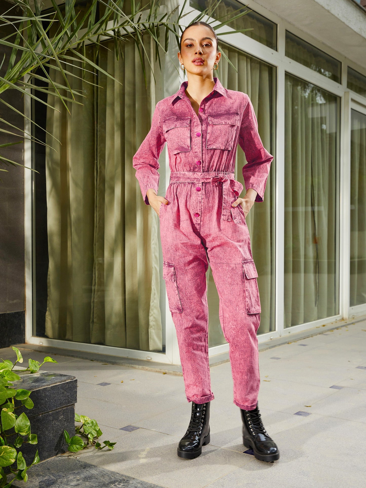 Pink Washed Front Button Cargo Jumpsuit