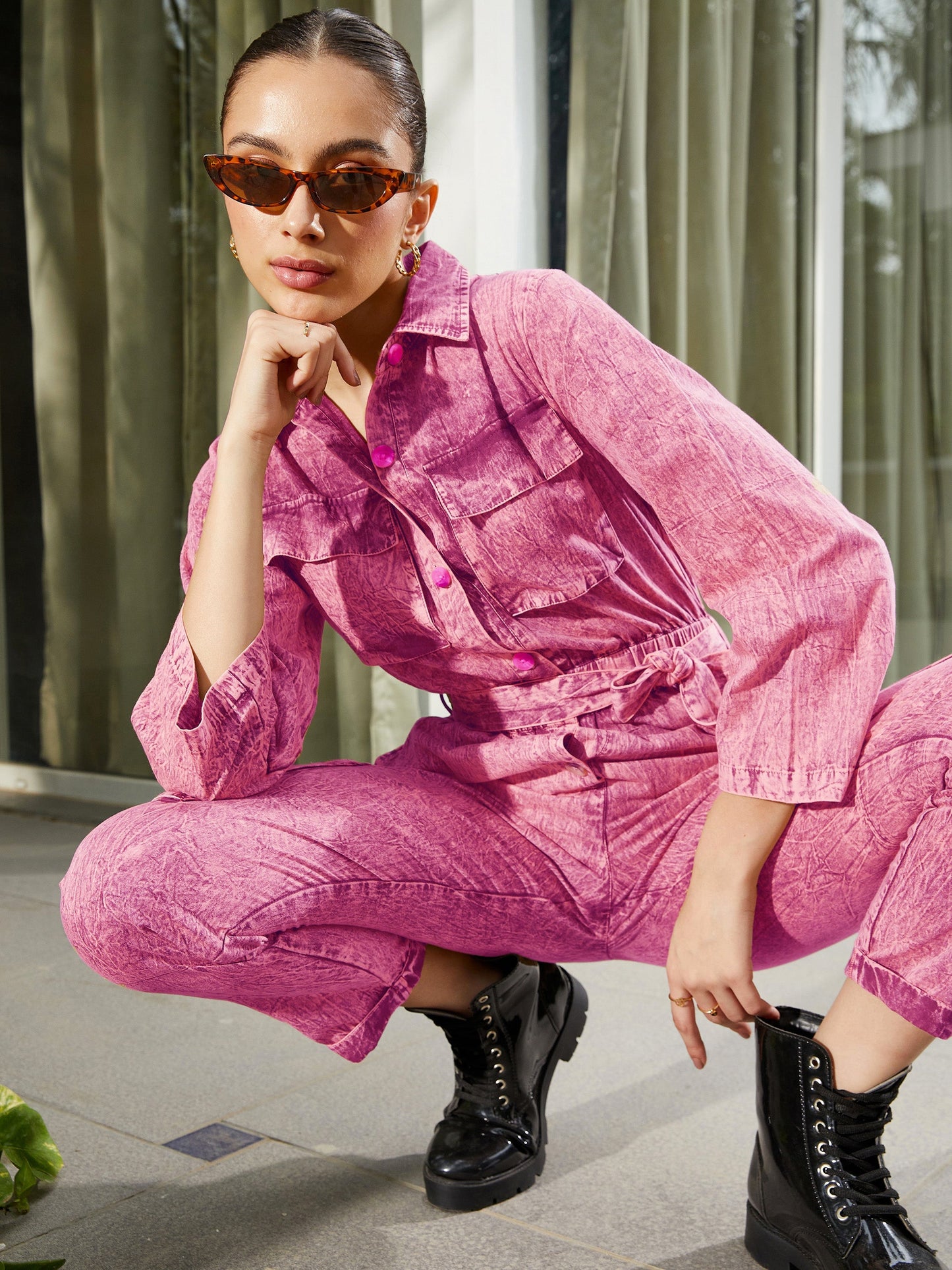 Pink Washed Front Button Cargo Jumpsuit