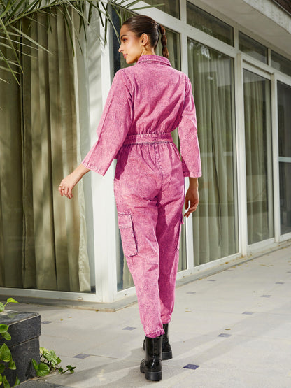 Pink Washed Front Button Cargo Jumpsuit