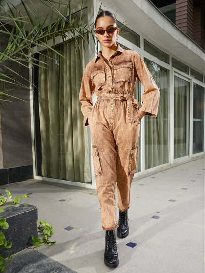 Brown Washed Front Button Cargo Jumpsuit