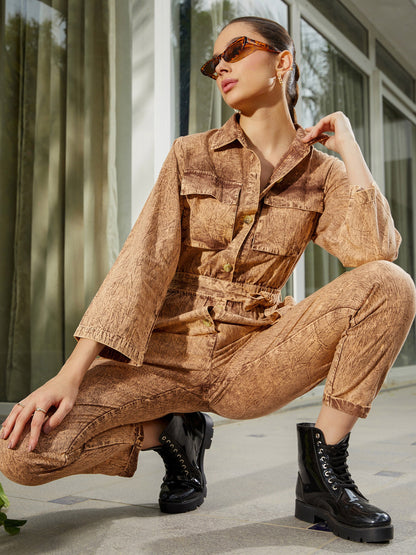 Brown Washed Front Button Cargo Jumpsuit