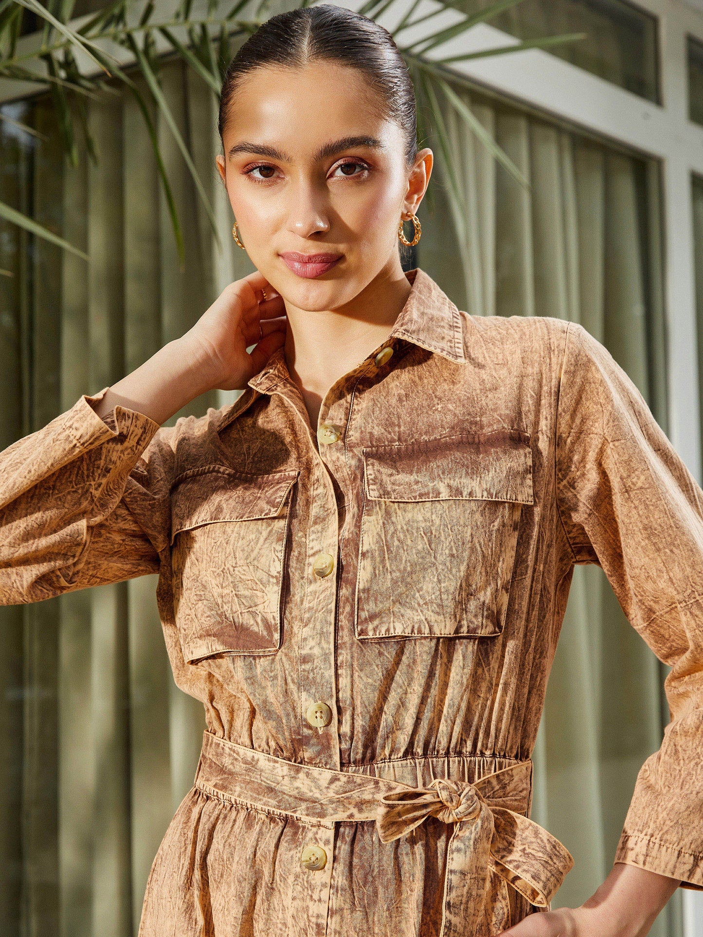 Brown Washed Front Button Cargo Jumpsuit