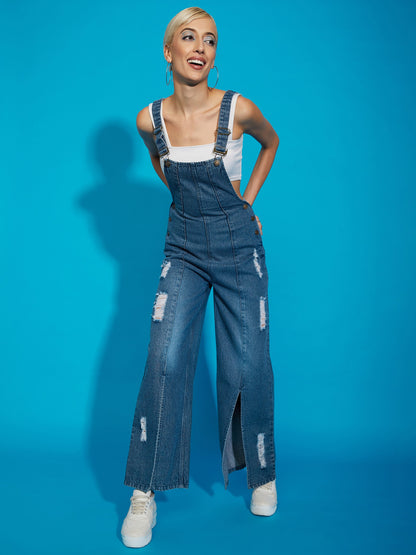 Women Blue Acid Wash Denim Distress Regular Jumpsuit